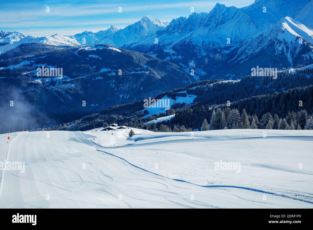 Fresh beautiful ski track over the Mont Blanc Alps massif Stock Photo
