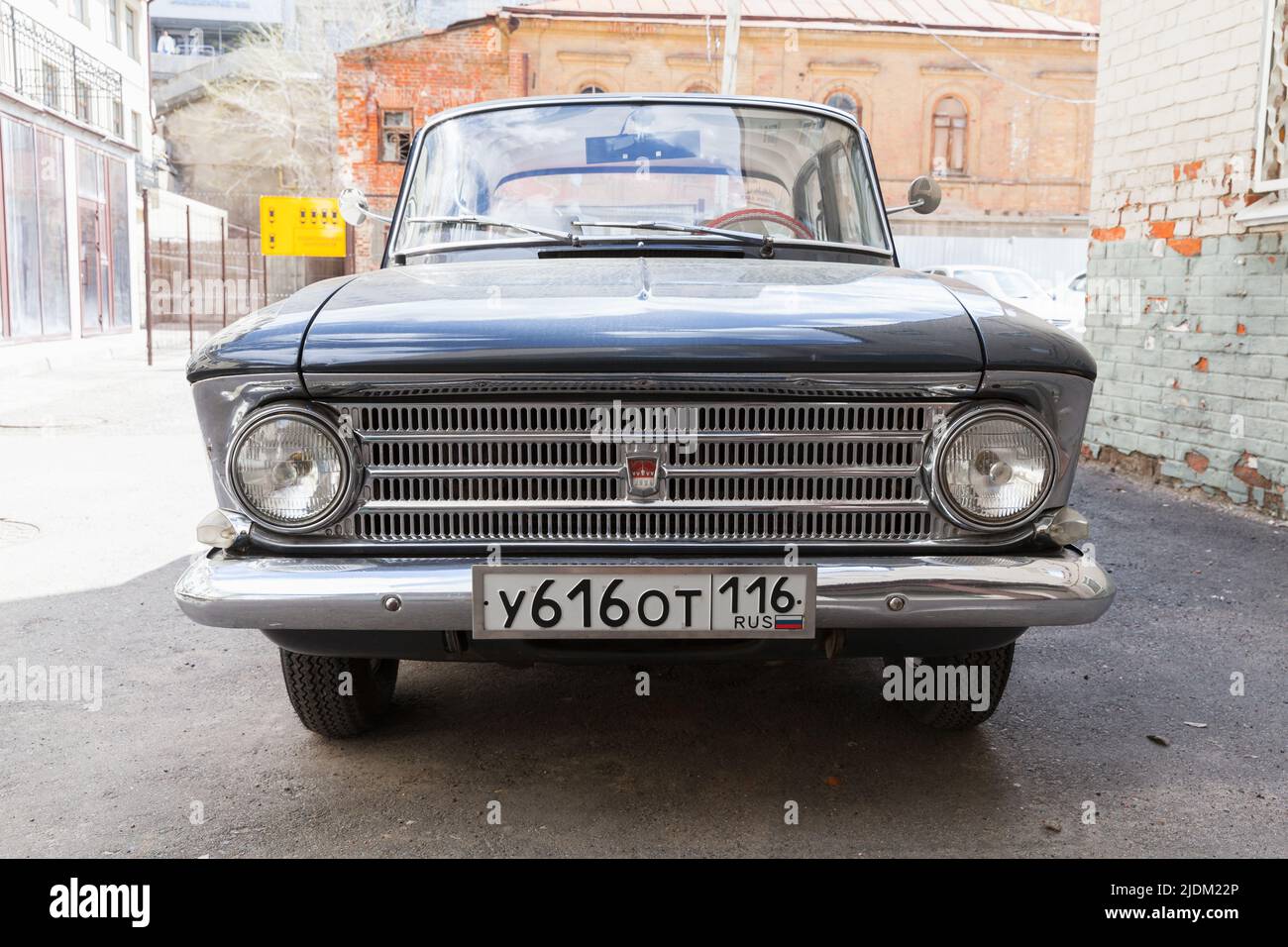 Kazan, Russia - May 6, 2022: Front view of Moskvitch 412 1968 release, close up outdoor photo Stock Photo