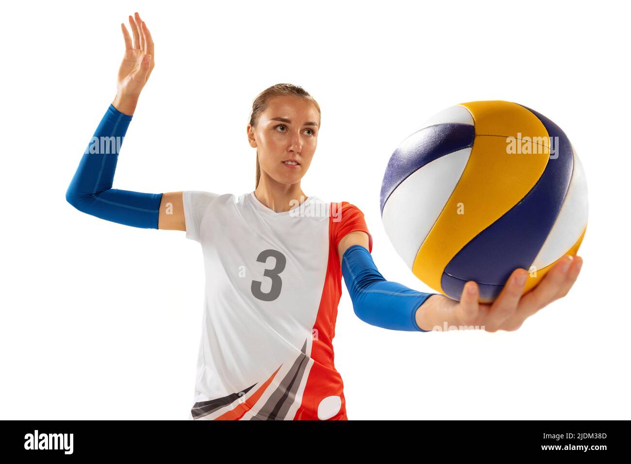 Portrait of sportive woman, professional volleyball player posing with