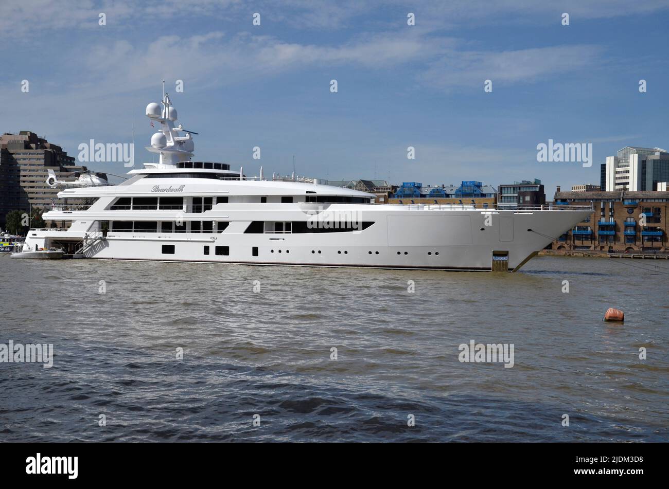 Superyacht Boardwalk, moored on the Thames outside St Katherine Dock . Worth $78m, it is owned by businessman and author Tilman Fertitta Stock Photo