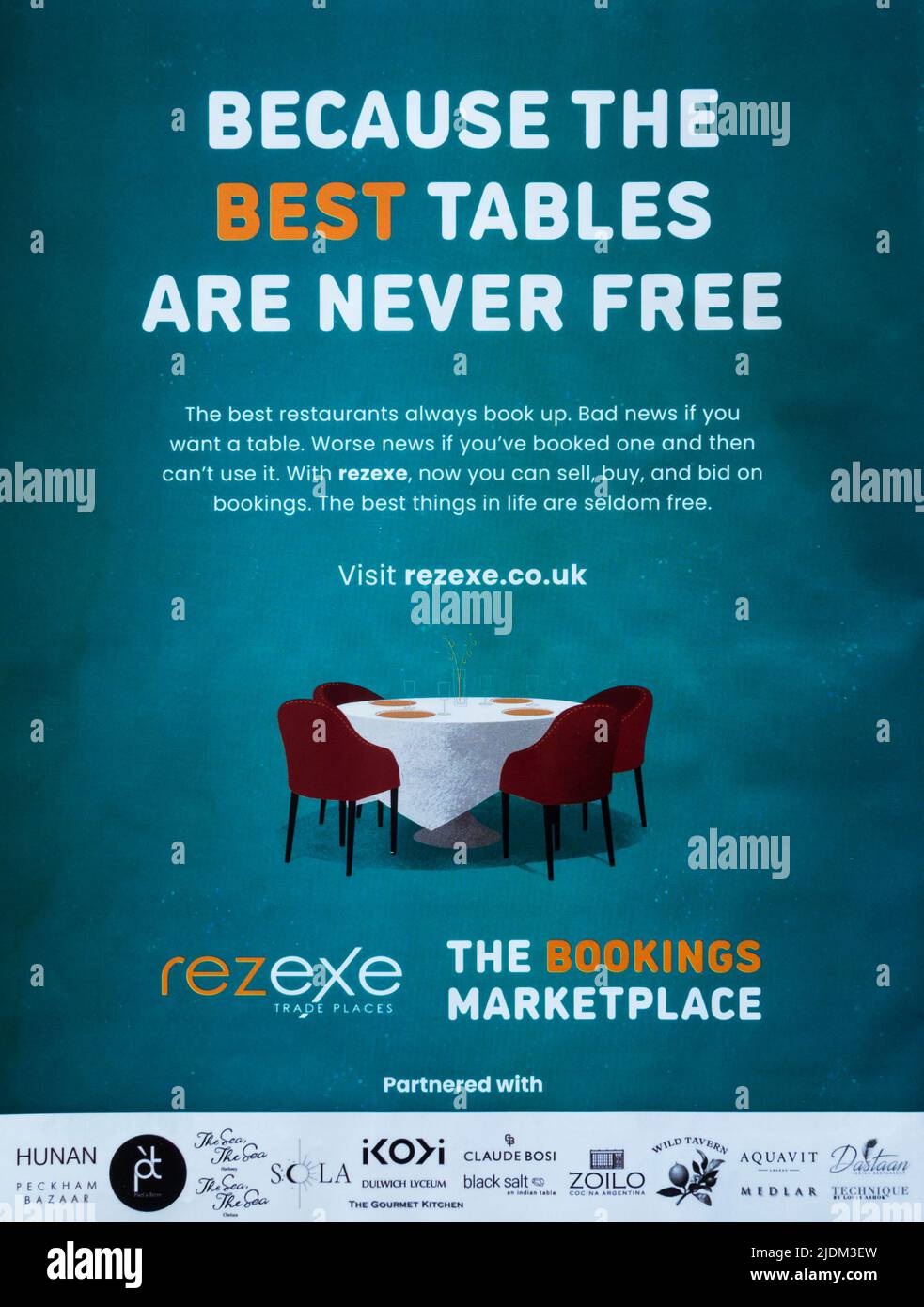 Magazine advert for rezexe an app for trading restaurant bookings. Stock Photo