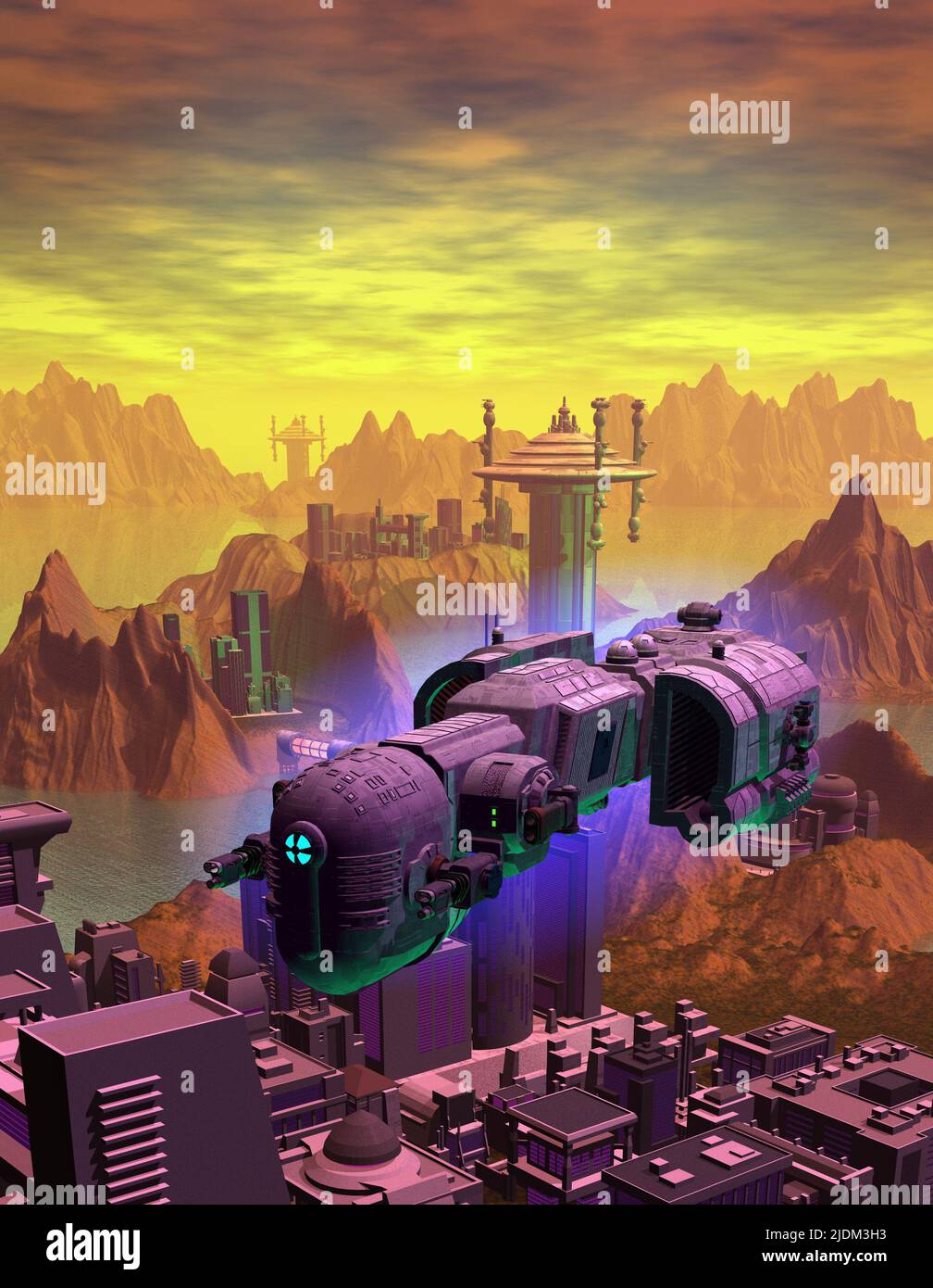 panorama of the futuristic city with a spaceship and space base, 3d ...