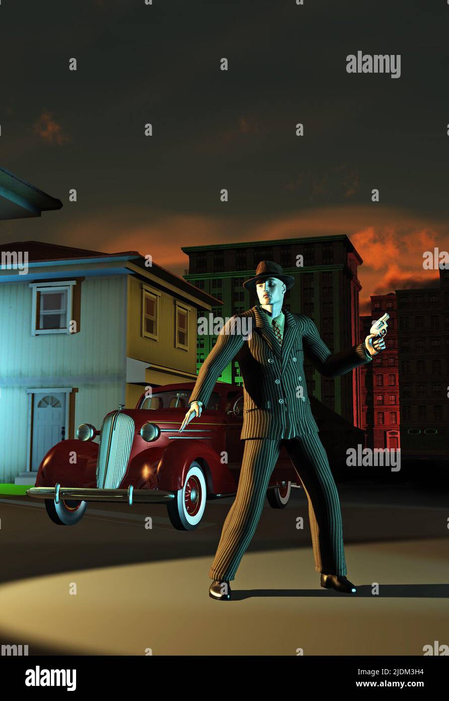 gangster with gun in the old Town, 3d rendering Stock Photo
