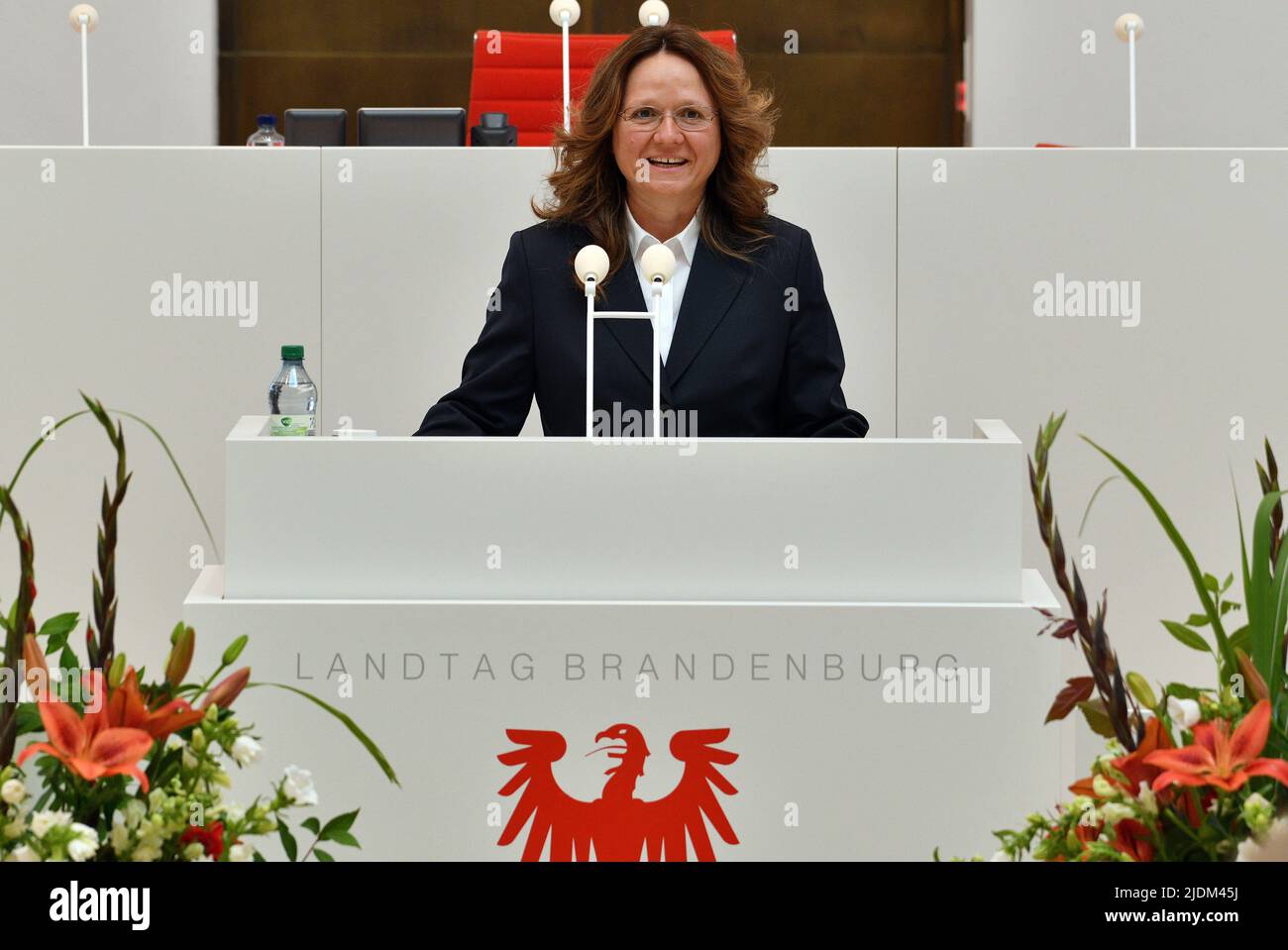 Potsdam, Germany. 22nd June, 2022. Ines Härtel, Judge of the Federal Constitutional Court, speaks at the commemorative event marking the 30th anniversary of the Brandenburg Constitution in the state parliament. Credit: Bernd Settnik/dpa/Alamy Live News Stock Photo