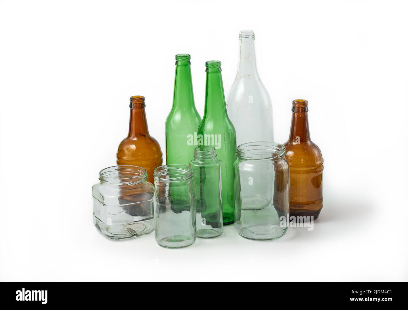 Glass ready to recycle, isolated on white background. A collection of