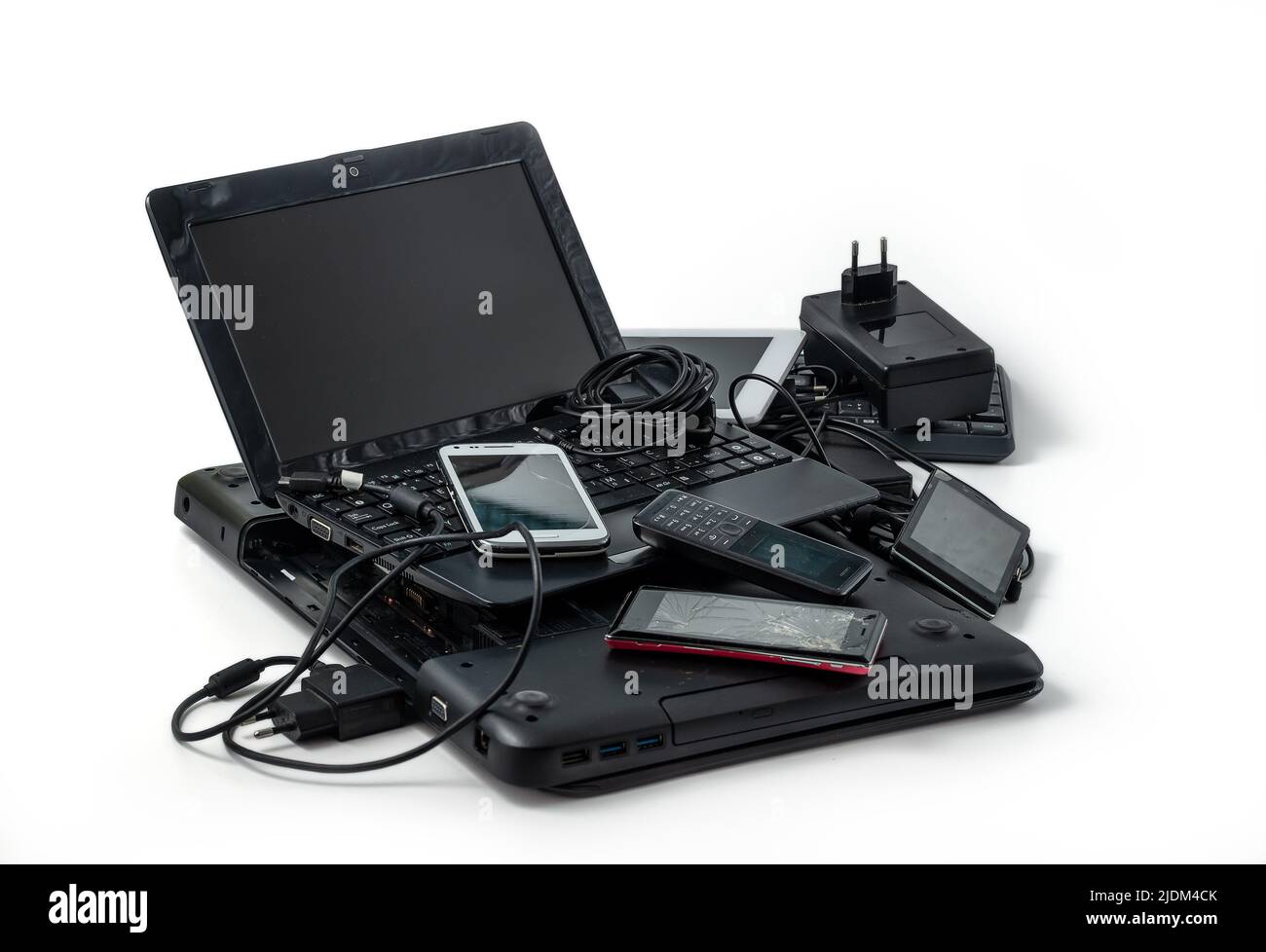 Electronic waste ready to recycle, isolated on white background. pile