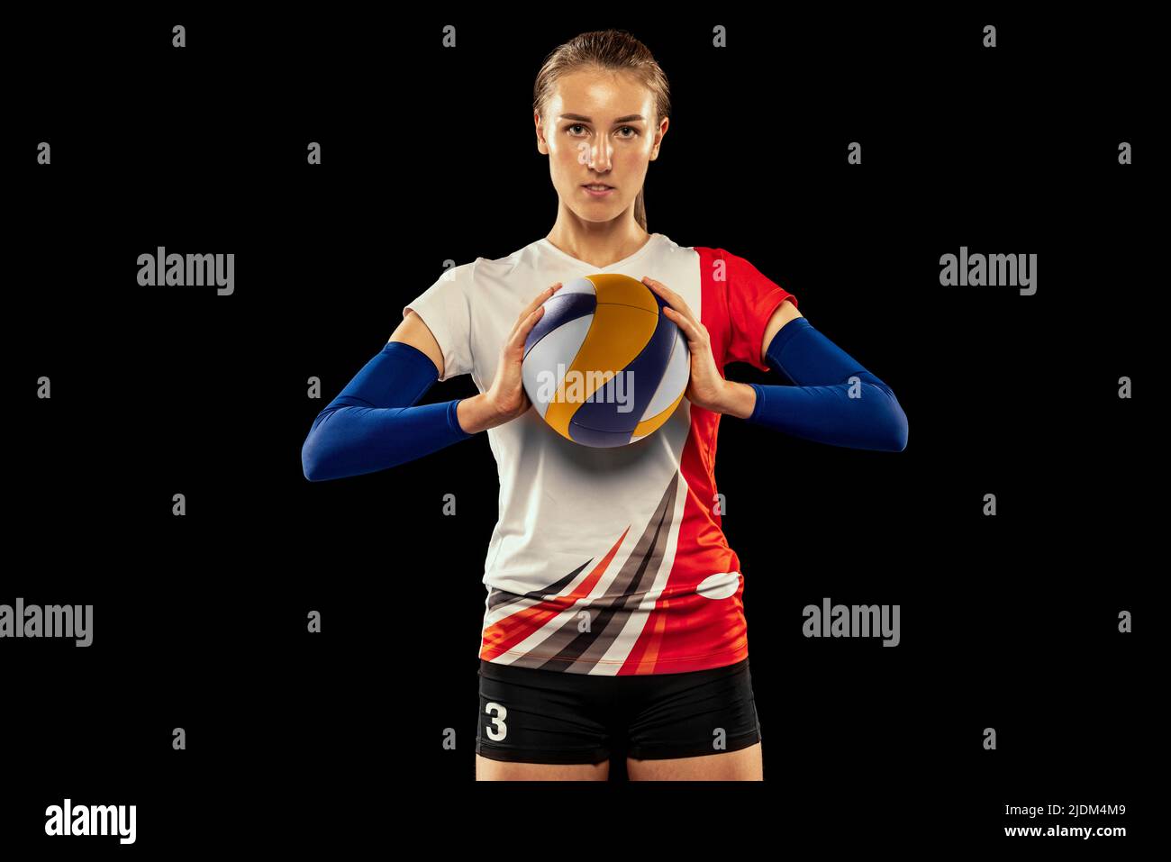 Portrait of beautiful woman, professional volleyball player posing with