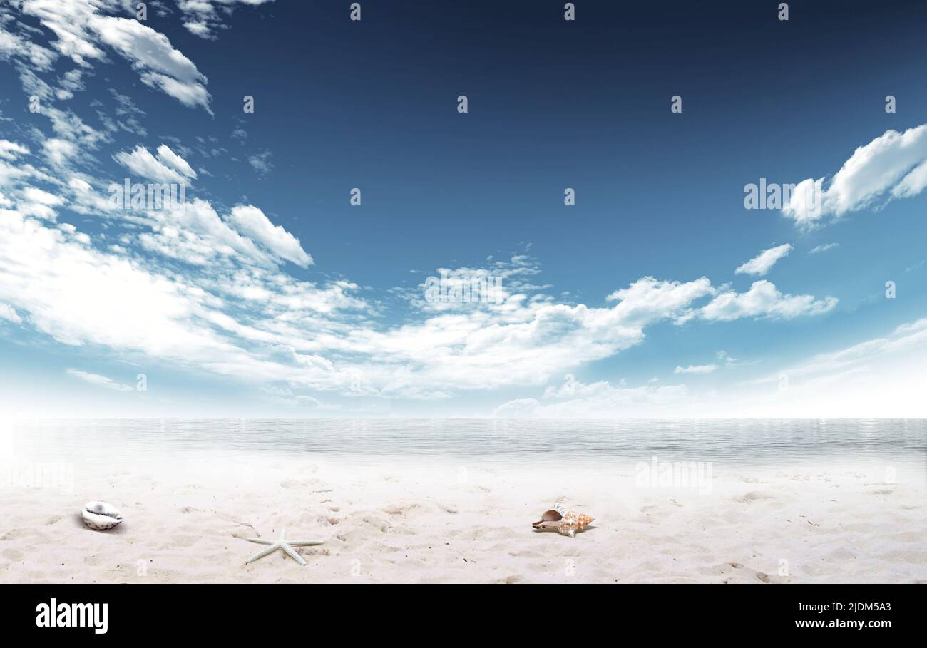 Tropical beach on the ocean, with shells and blue sky with clouds in ...