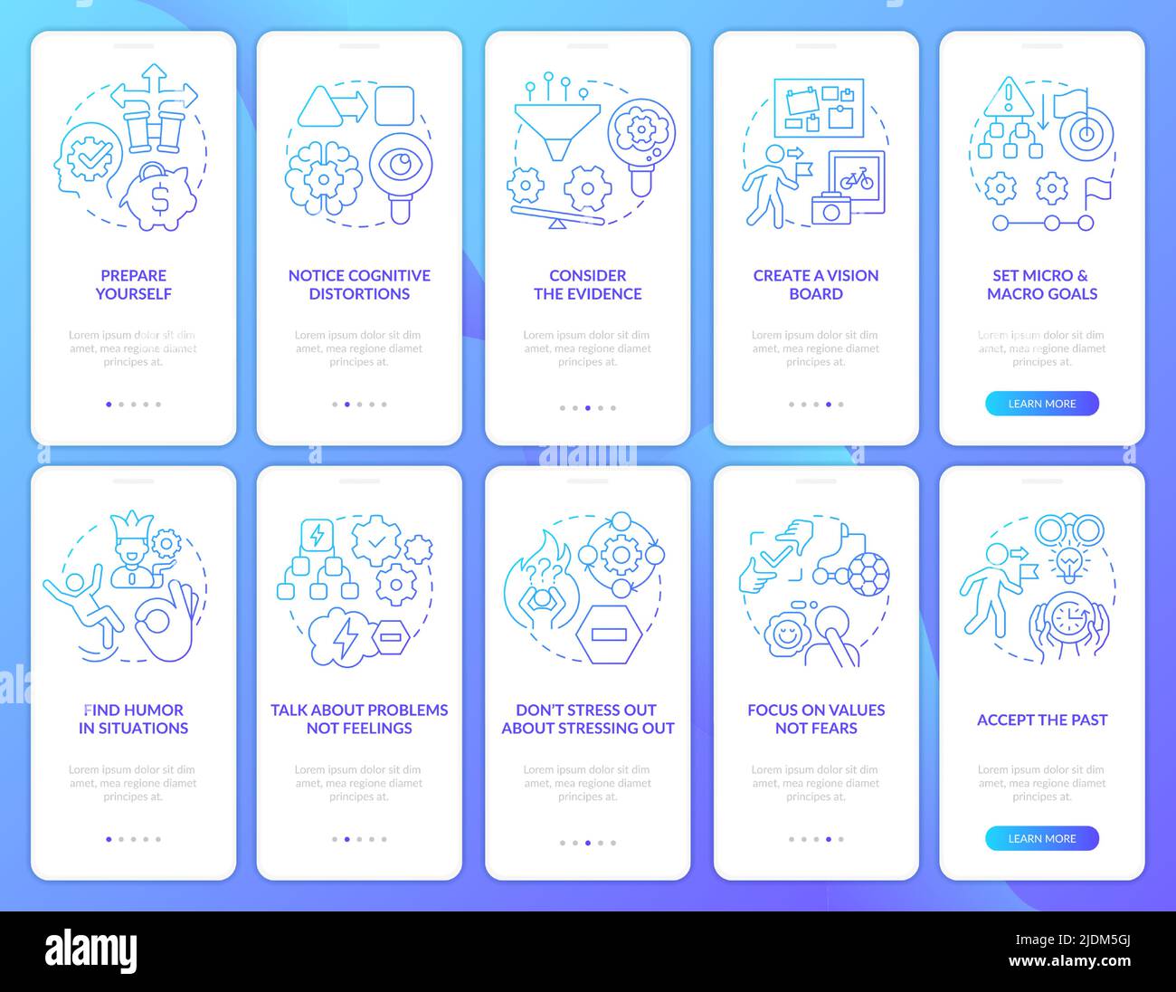 Adaptability blue gradient onboarding mobile app screen set Stock Vector