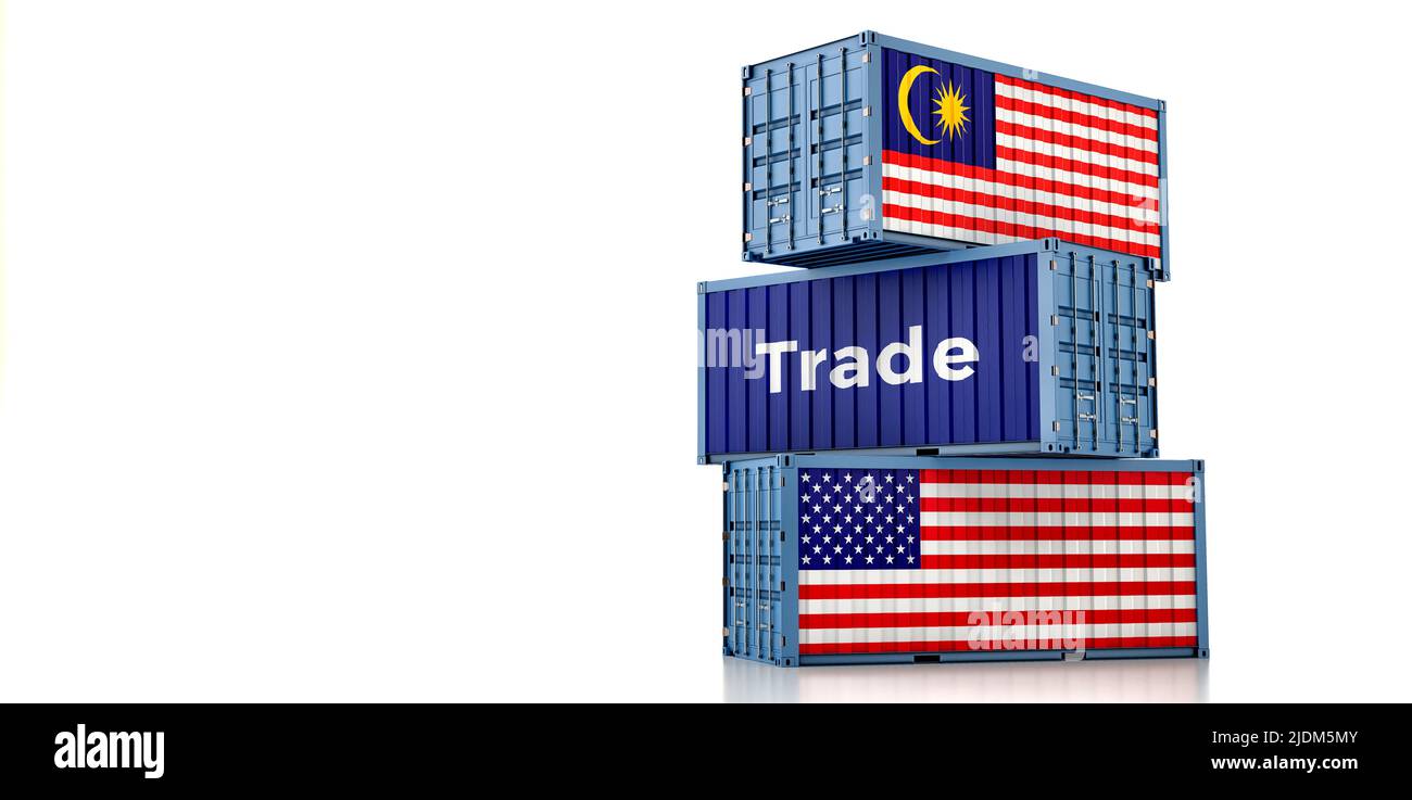 Cargo containers with Malaysia and USA national flags. 3D Rendering