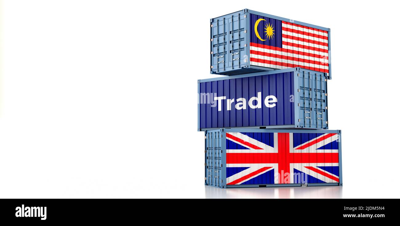 Cargo containers with Malaysia and United Kingdom national flags. 3D Rendering Stock Photo