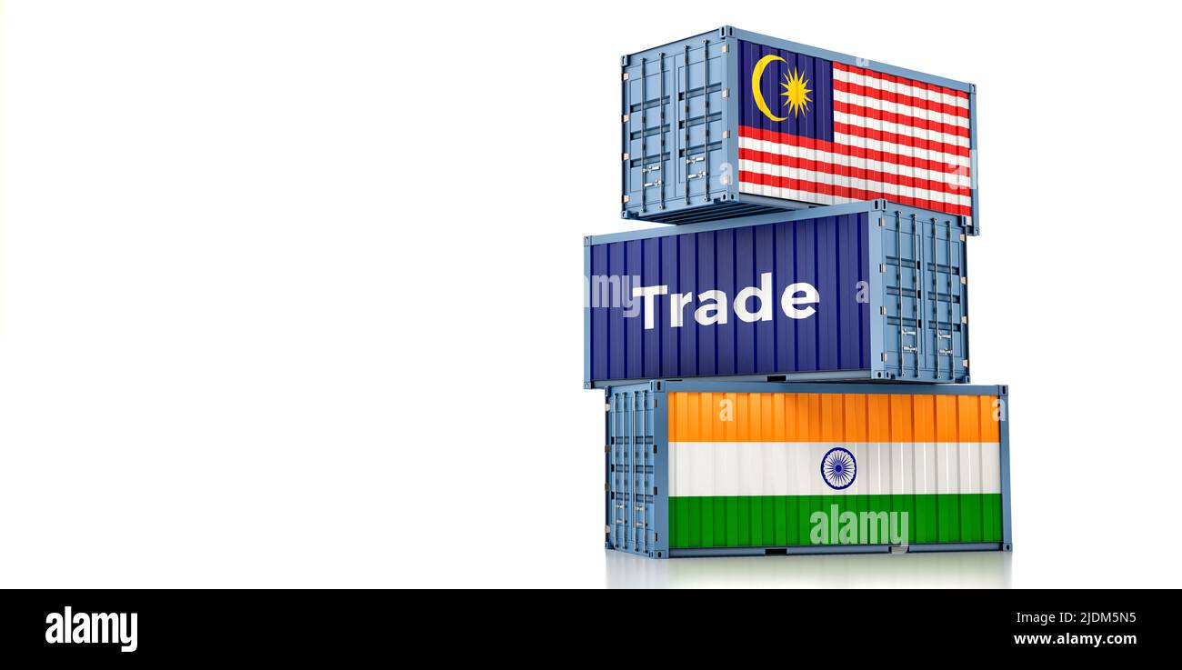 Cargo containers with Malaysia and India national flags. 3D Rendering Stock Photo