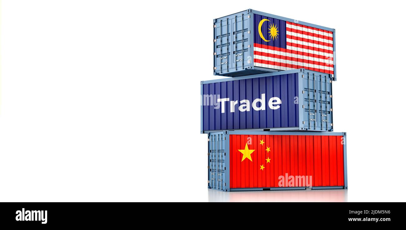 Cargo containers with Malaysia and China national flags. 3D Rendering Stock Photo