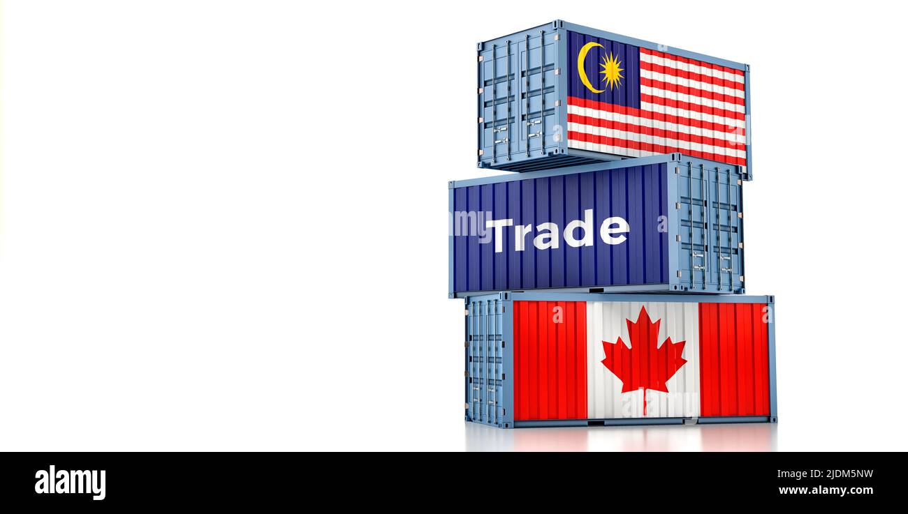 Cargo containers with Malaysia and Canada national flags. 3D Rendering Stock Photo