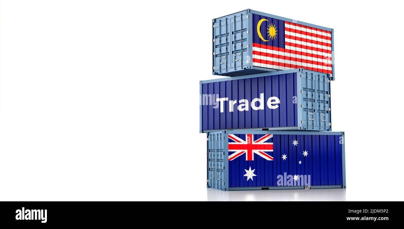 Cargo containers with Malaysia and Australia national flags. 3D Rendering Stock Photo