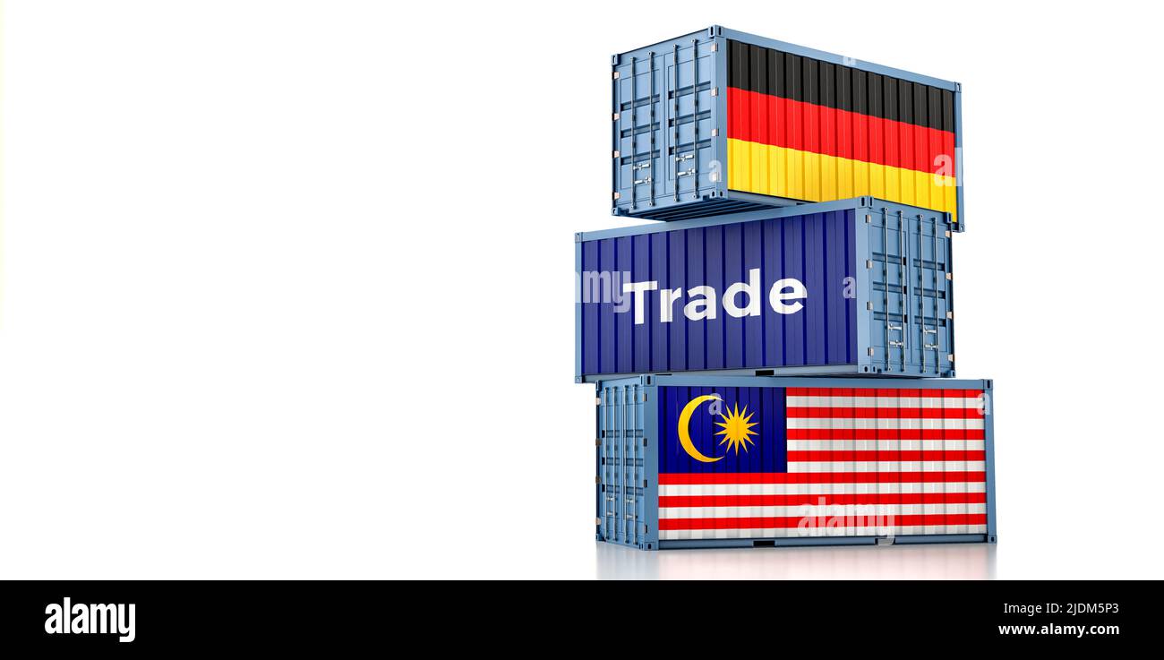 Cargo containers with Malaysia and Germany national flags. 3D Rendering Stock Photo