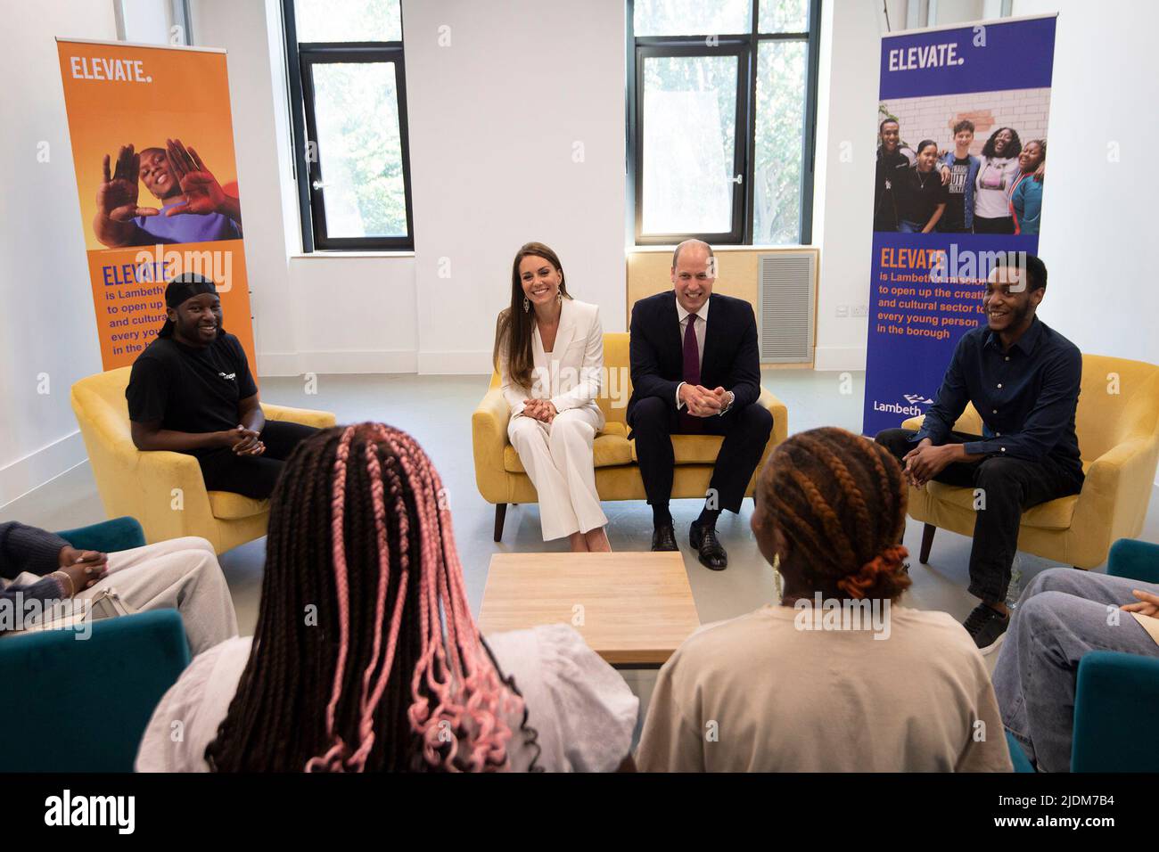 The Duke and Duchess of Cambridge during their visit to ELEVATE at Brixton House in London to meet with younger generations of the British-Caribbean community, and other diasporas, who represent the next generation of British creative talent, to mark Windrush Day. Picture date: Wednesday June 22, 2022. Stock Photo