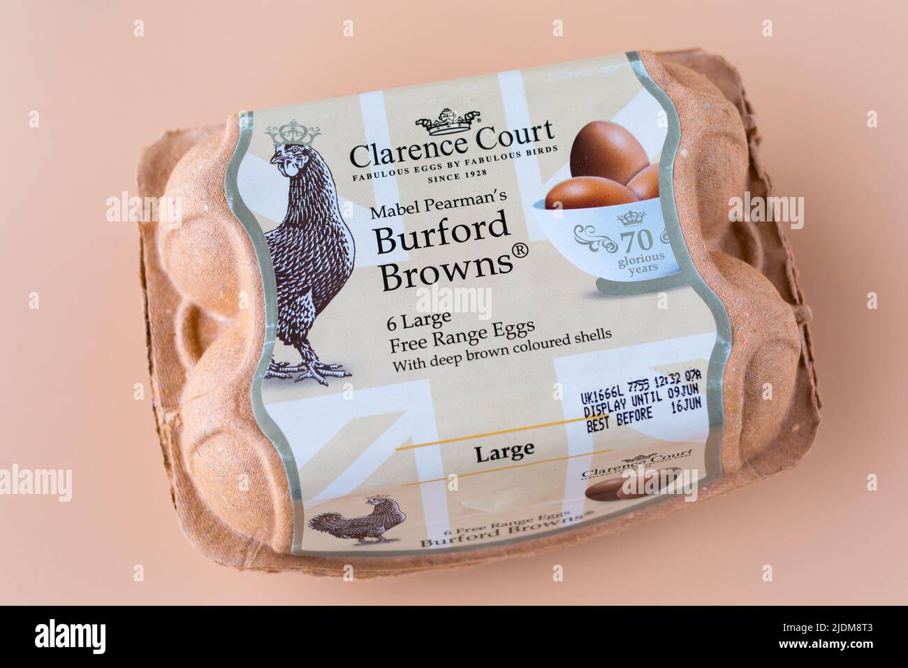 Box/carton of Clarence Court Burford Browns large free range eggs Stock Photo