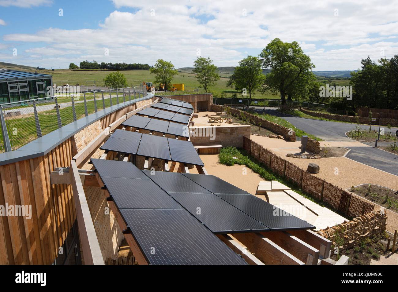 Solar panels on the roof. The Sill Visitors Centre, Once Brewed, Haltwhistle, United Kingdom. Architect: jddk architects, 2017. Stock Photo