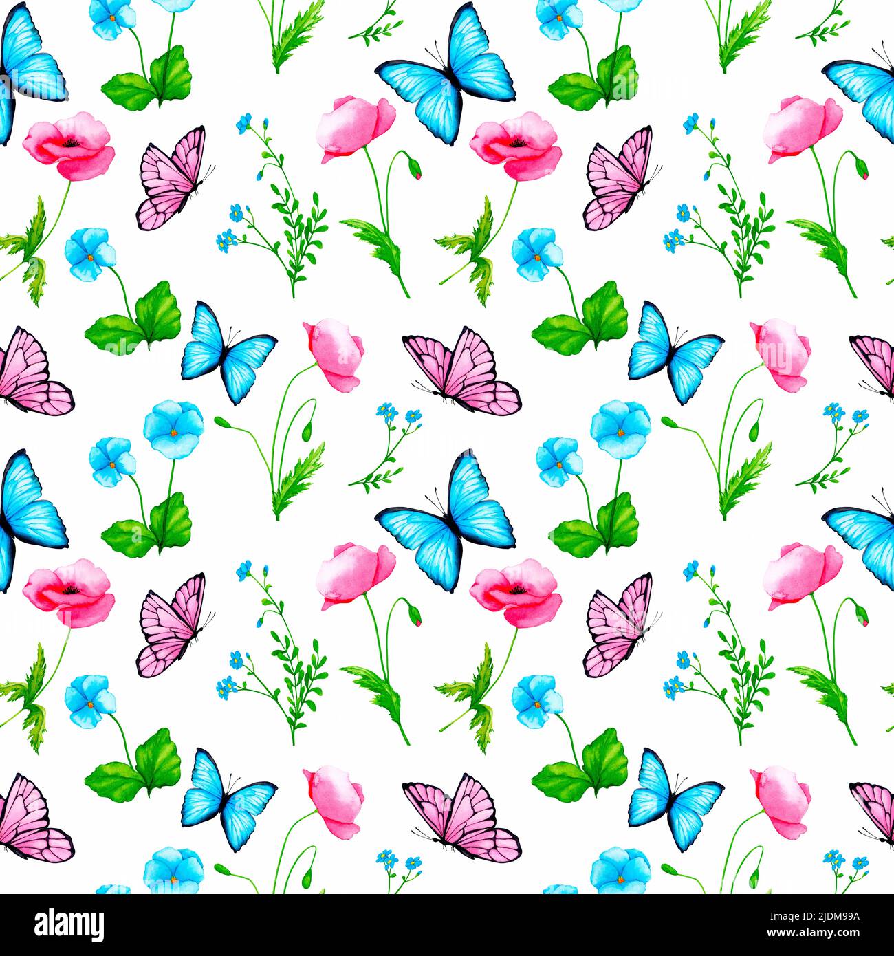 Seamless pattern. Watercolor flowers and butterflies on a white ...