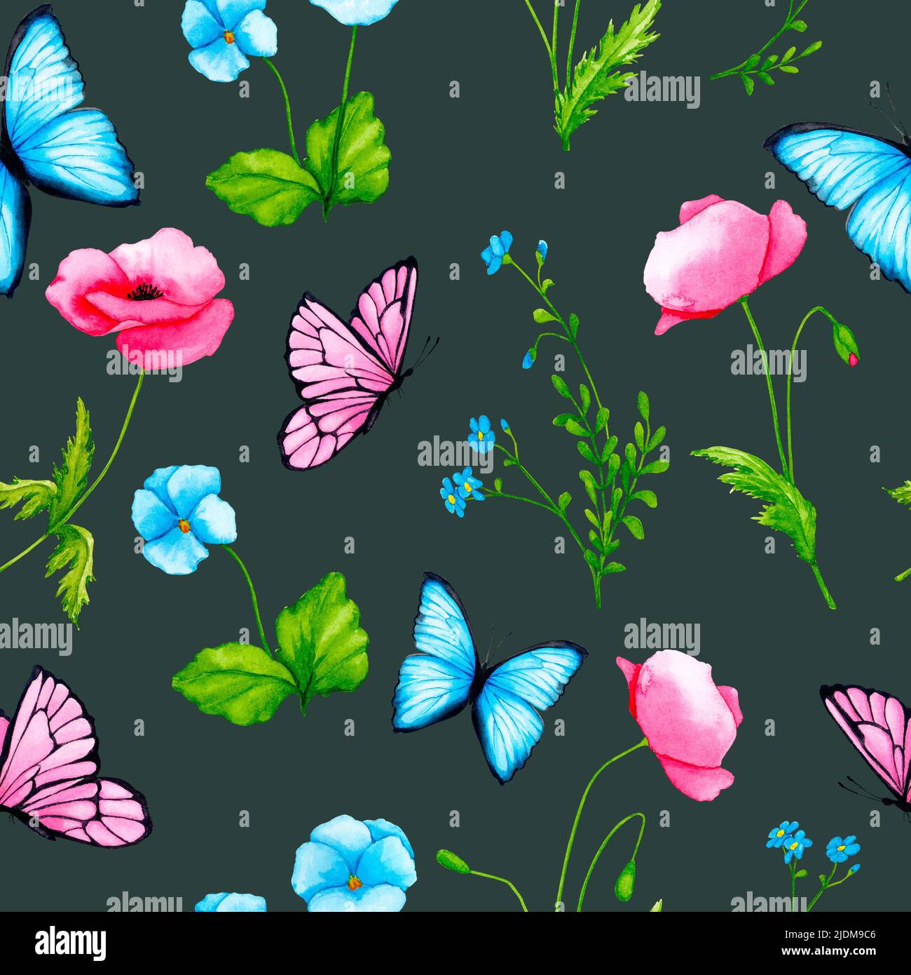 Seamless pattern. Watercolor flowers and butterflies on a dark ...