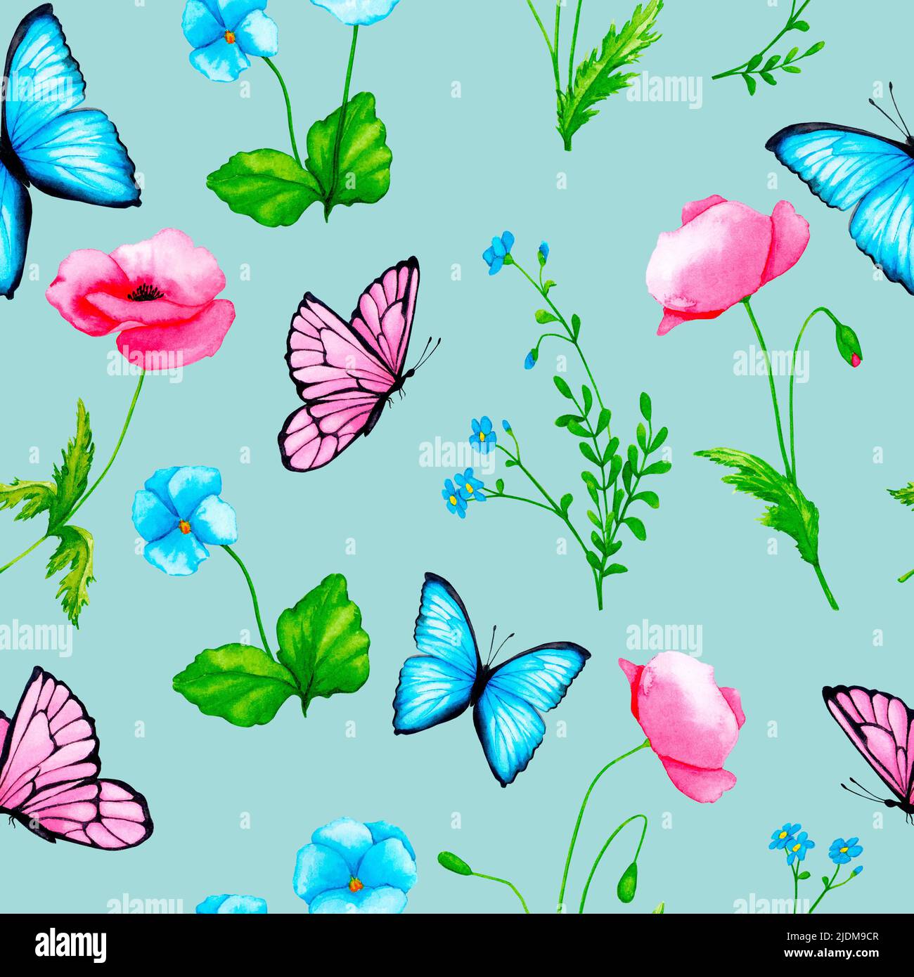 Seamless pattern. Watercolor flowers and butterflies on a blue ...
