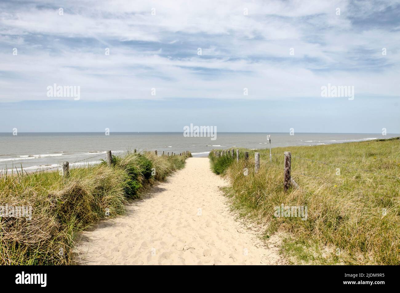 Sandpath leading diagonally through the dunes to the beach, with the North Sea in the background, between Zandvoort and Noordwijk in the Netherlands Stock Photo