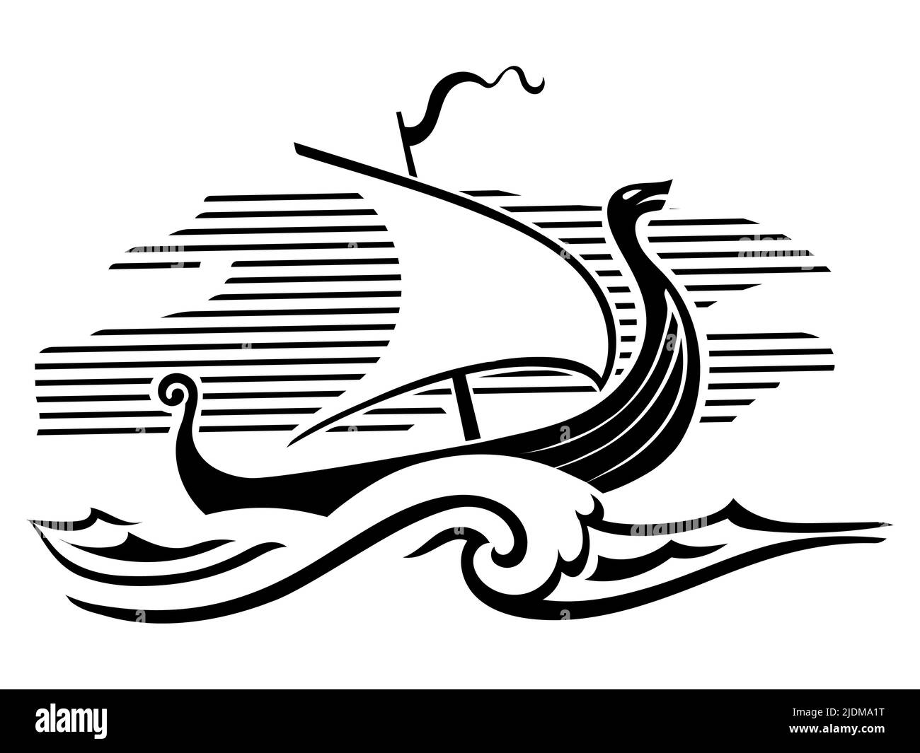 Viking design. Drakkar sailing in a stormy sea. Drawing in the Old Norse style Stock Vector