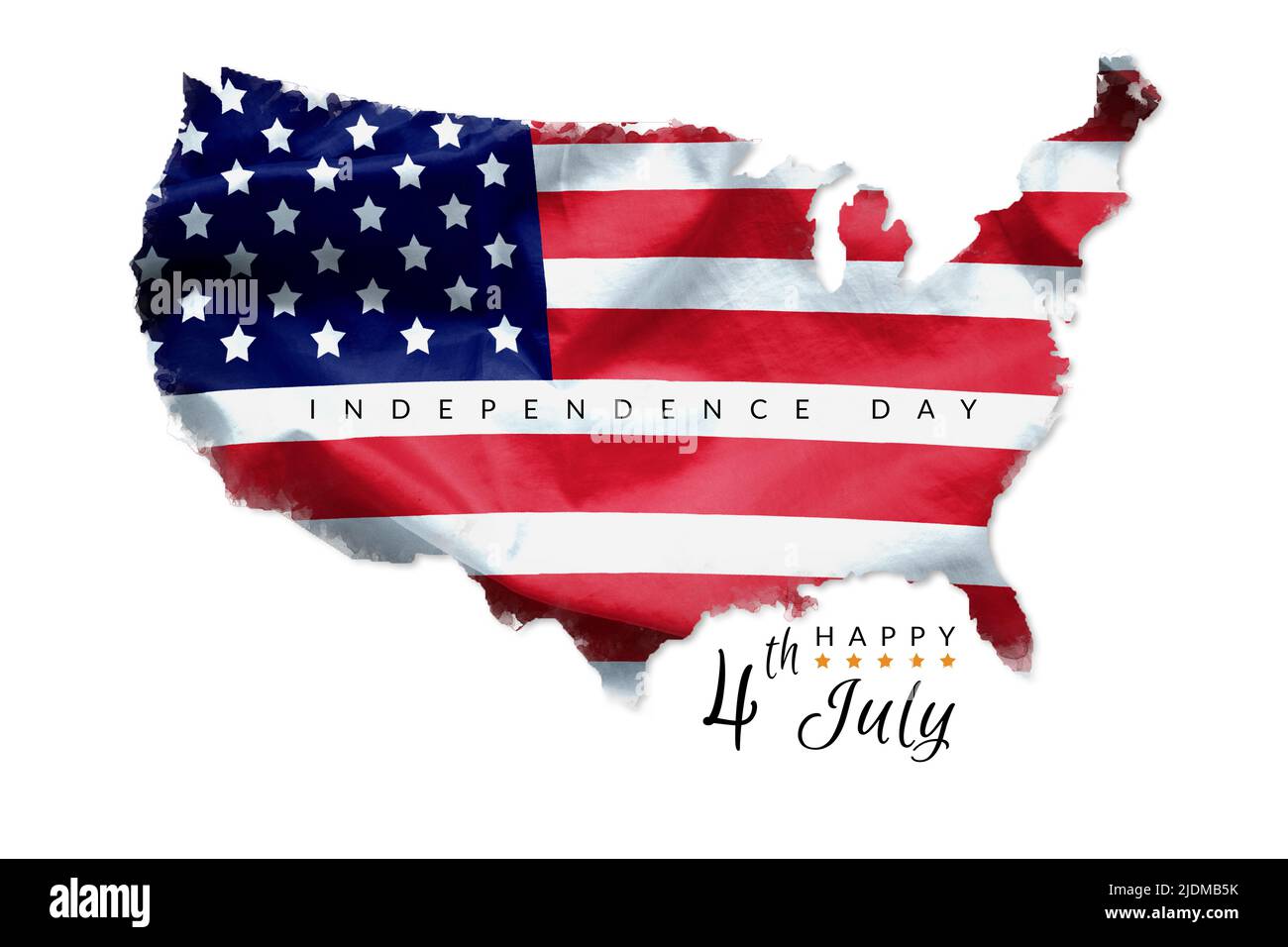happy 4th July Independence Day greeting card American flag grunge background on America geography map shape isolated on white Stock Photo