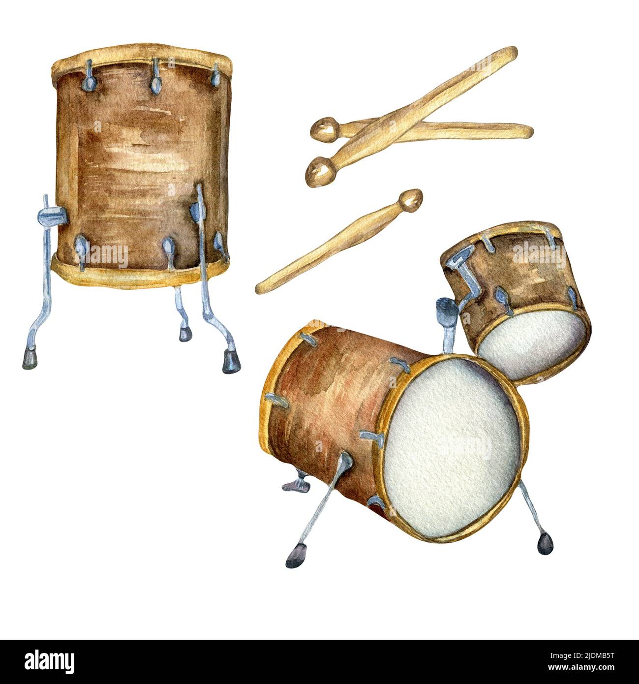 Drum kit, drumsticks watercolor illustration isolated. Musical instrument hand painted