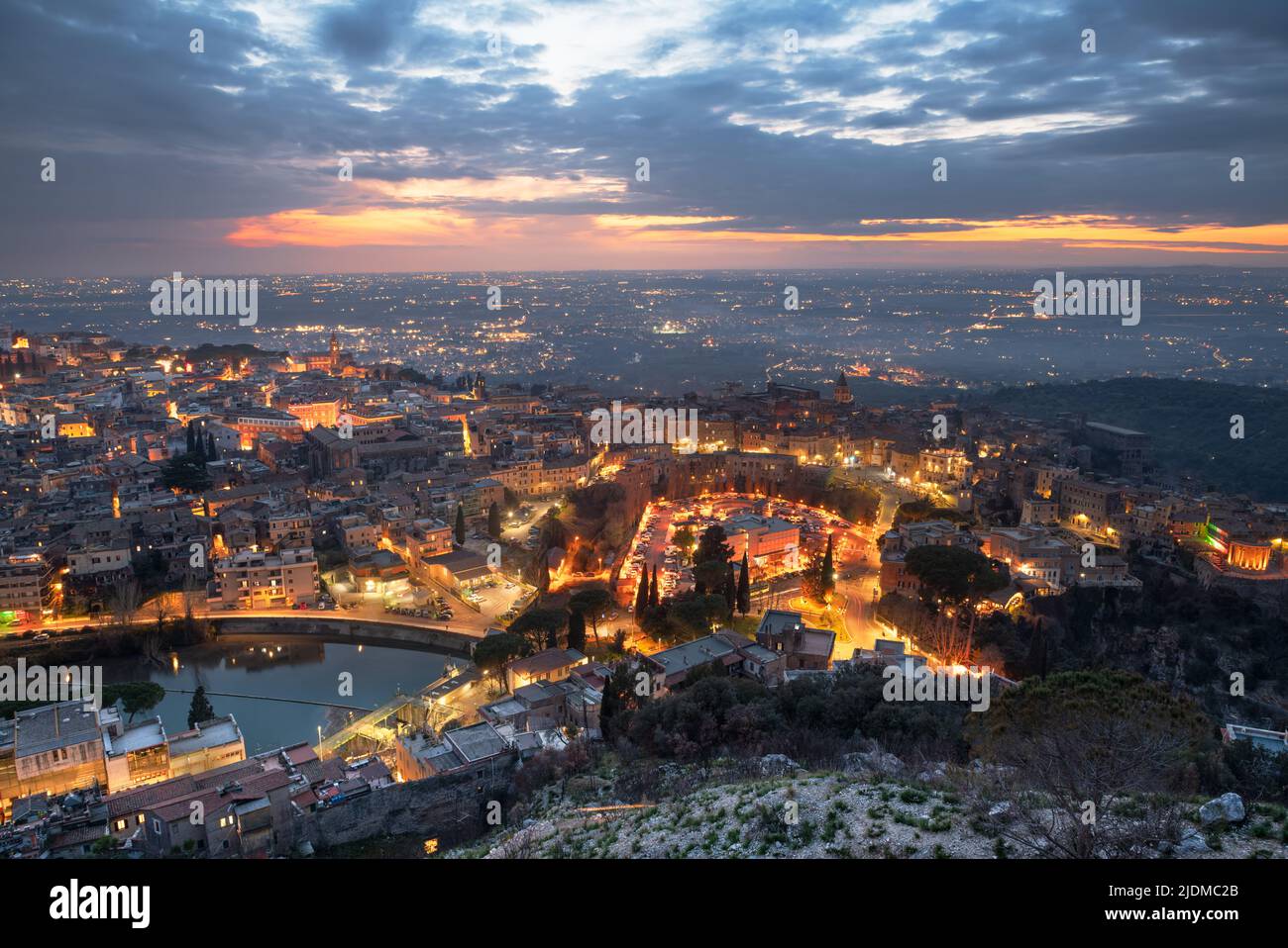 Tivoli, Italy town view from above at dusk. Stock Photo