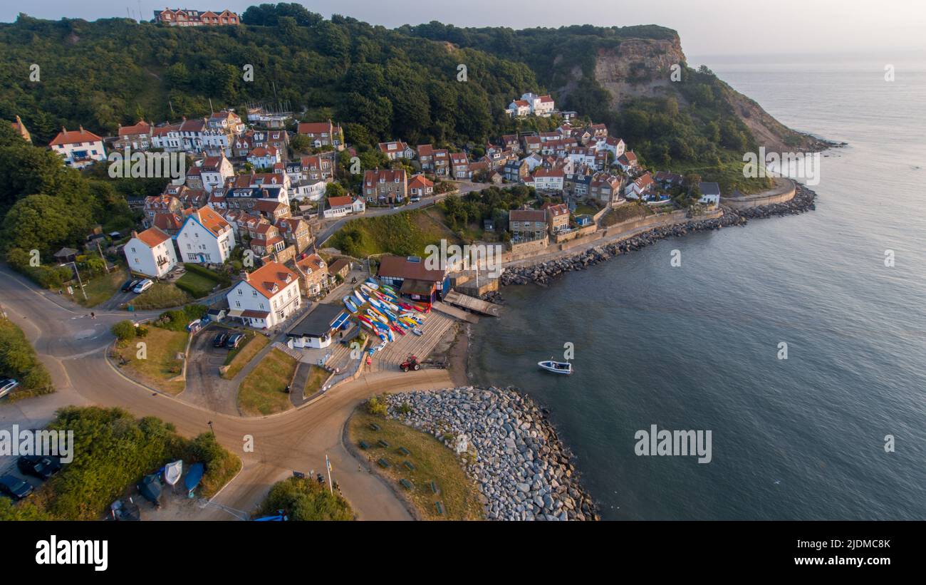 Early morning aerial view of the small North Yorkshire coastal Village Aerial of Runswick Bay, North Yorkshire Stock Photo