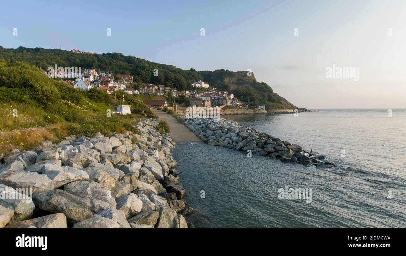 Early morning aerial view of the small North Yorkshire coastal Village Aerial of Runswick Bay, North Yorkshire Stock Photo