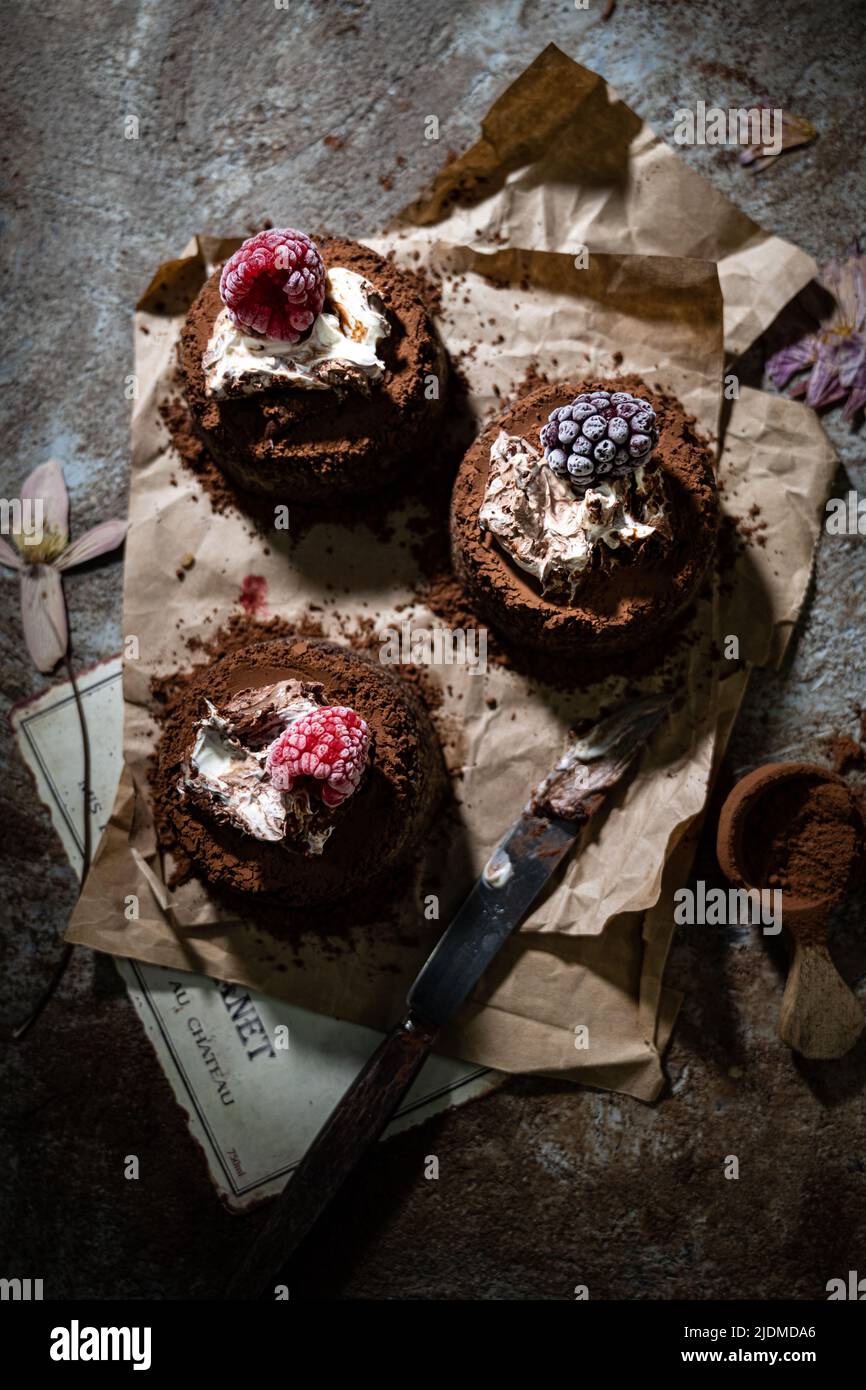 Chocolate oatmeals cup cake.Cake with fruit and fresh cream.Low fat food and drink. Stock Photo
