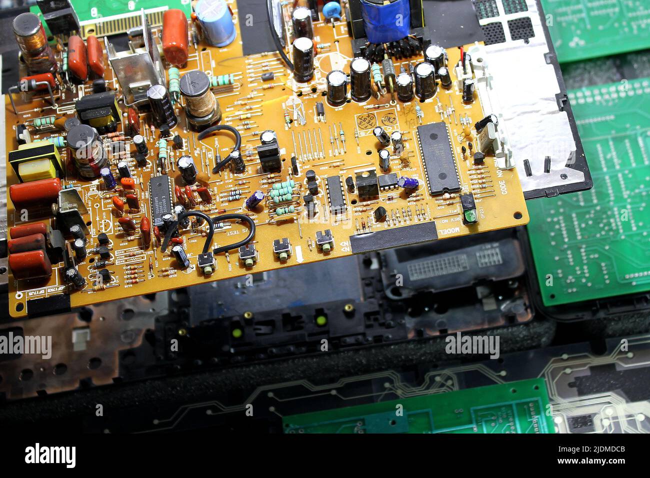 Repair Of Circuit Board With Microchips And Radio Components Stock Photo