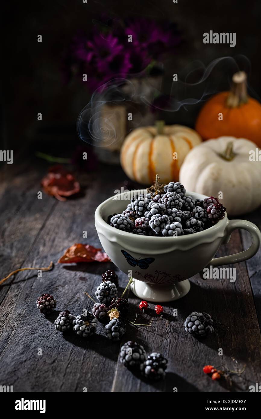Autumn frozen blackberries.Natural sweet snack.Decorated pumpkin and flower.Delicious food and drink Stock Photo