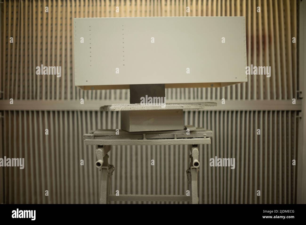 Items in garage. Workplace for creating structure. Production shop. Working tools on table. Stock Photo