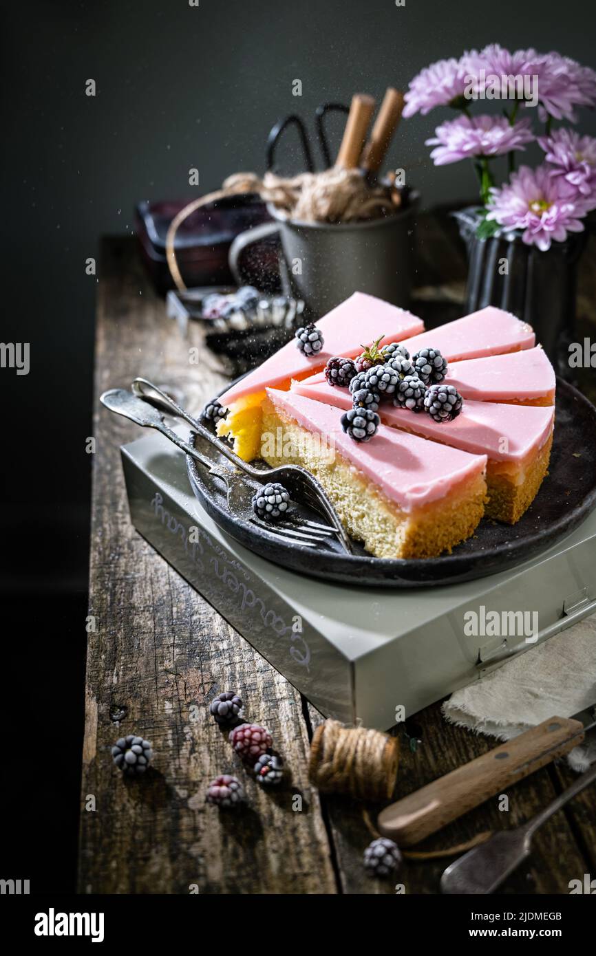 Sponge cake with fruit pulp.Low fat food and drink.summer and winter cakes. Stock Photo