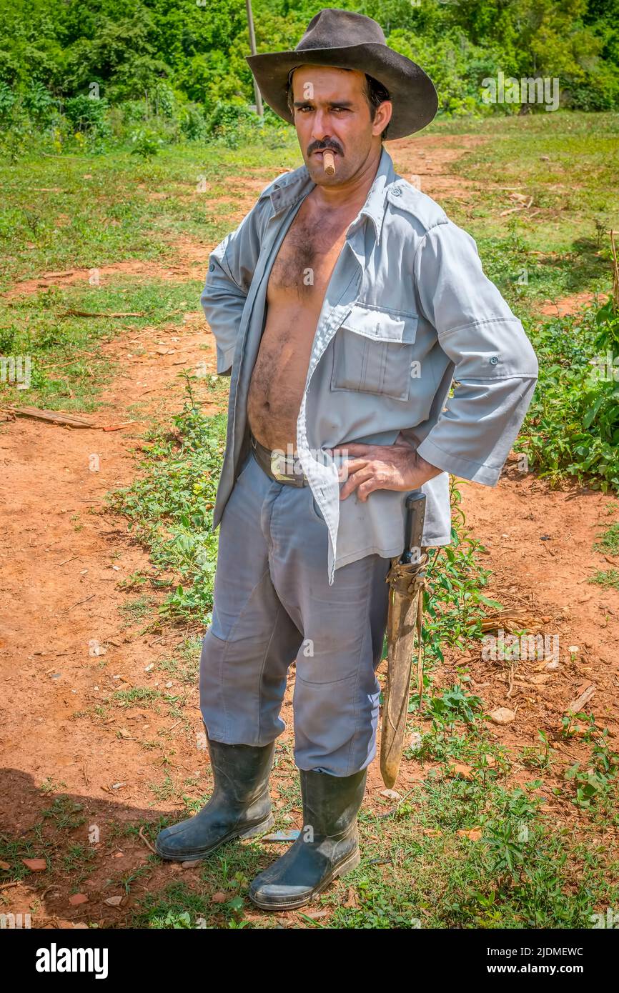 Cuban tobacco farmer with hat, cigar and a machete on a tobacco farm in  Viñales, Cuba Stock Photo