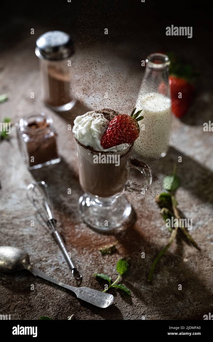 Hot chocolate with whipped cream in glasses sweet drinks Stock Photo
