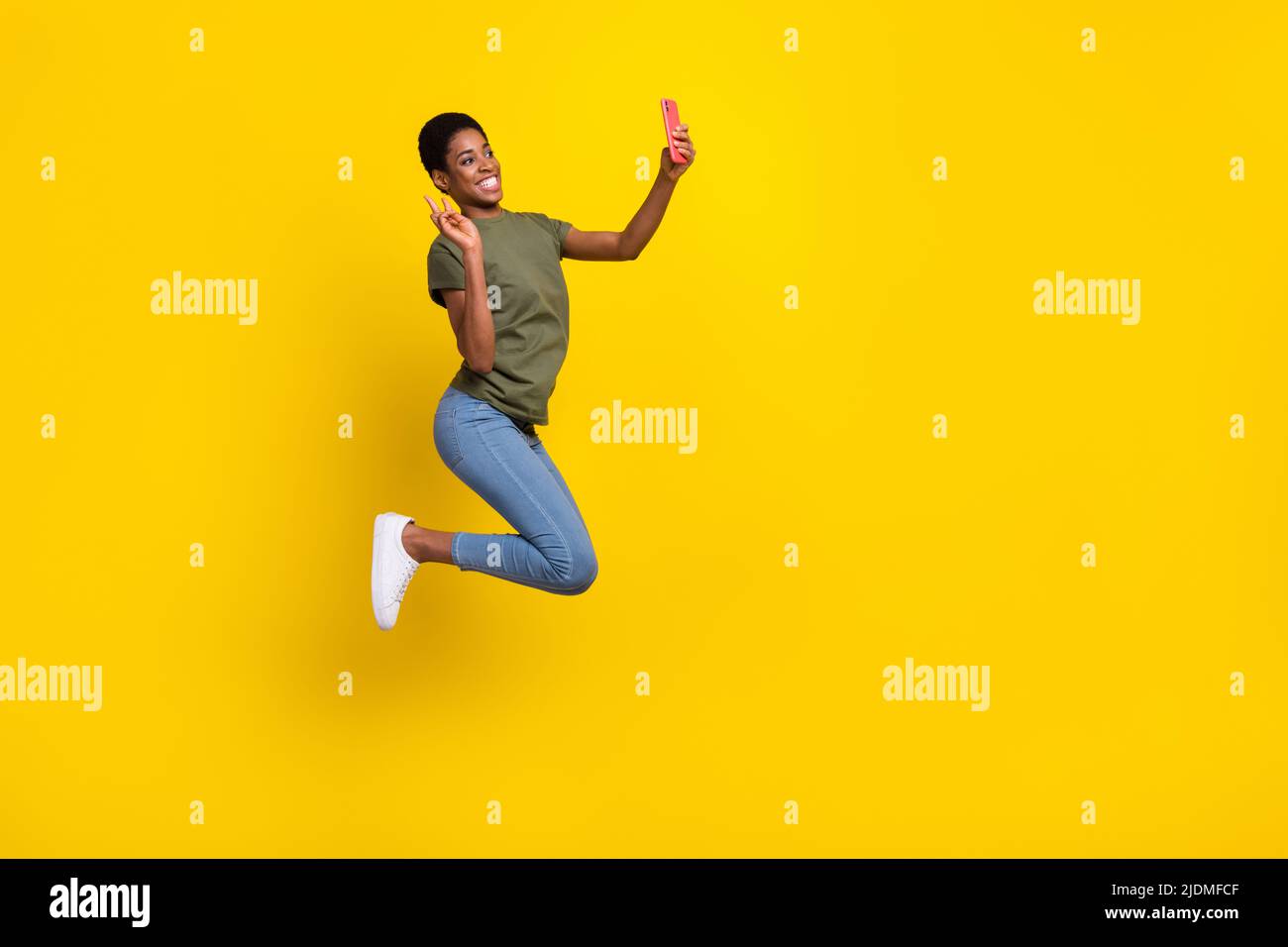 Full length portrait of crazy person blogger make selfie show v-sign ...