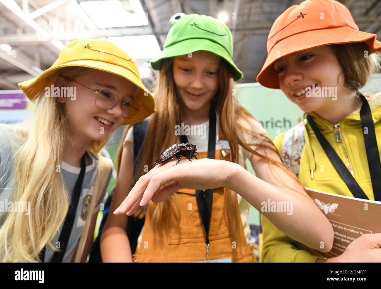EDITORIAL USE ONLY Emily Bowman, aged 14, Kate McGovern, aged 13 and Alexia Coker, aged 13 take part in the Big Bang Fair 2022 at the NEC in Birmingham. Picture date: Wednesday June 22, 2022. Stock Photo