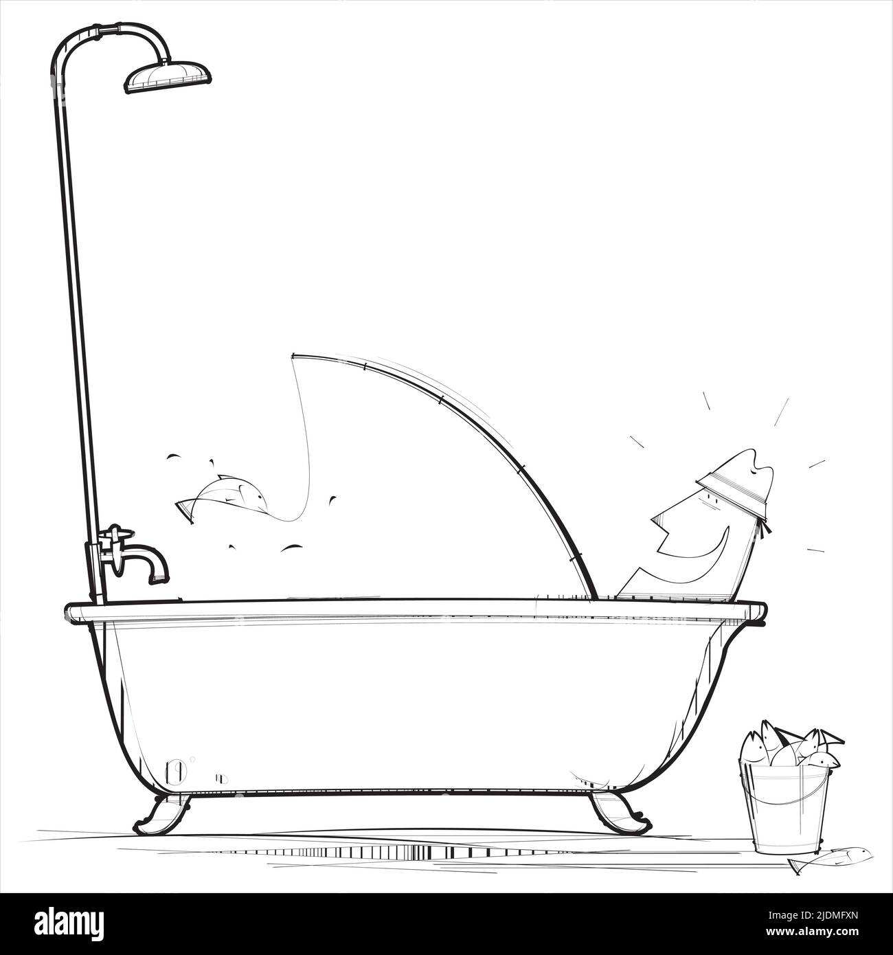 Man is excited at catching a fish in his bath tub Stock Vector