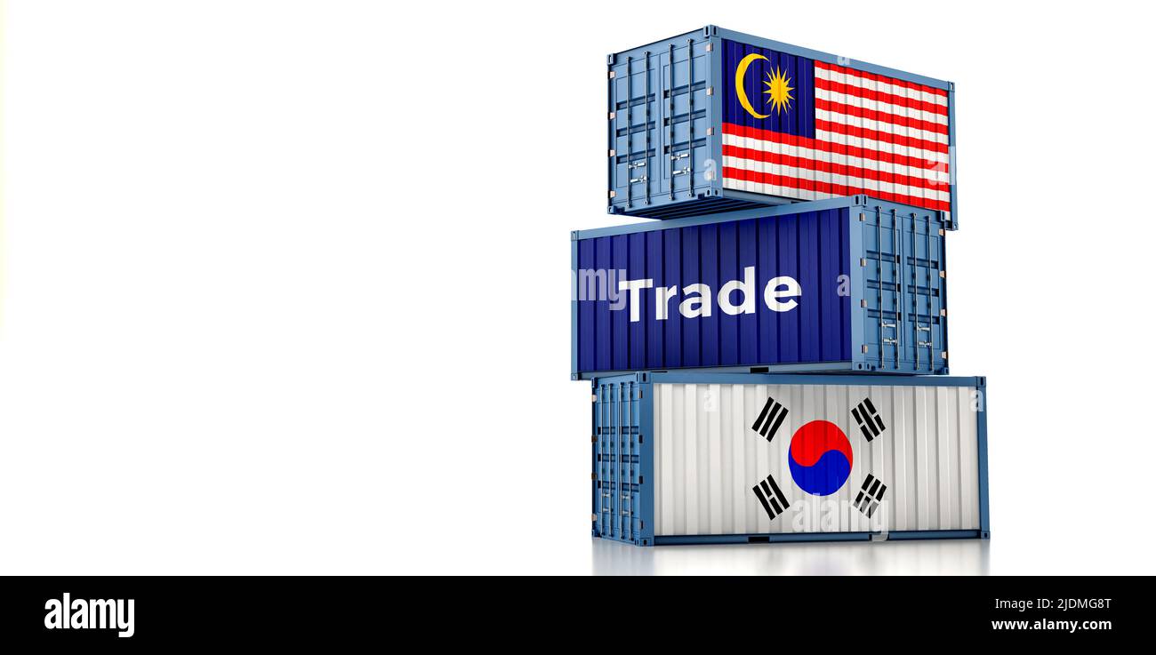 Cargo containers with Malaysia and South Korea national flags. 3D Rendering Stock Photo