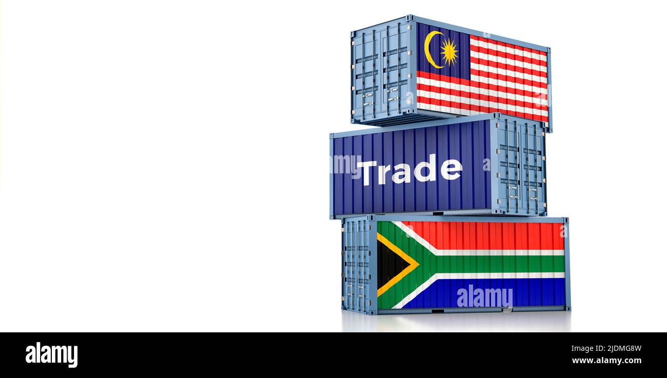 Cargo containers with Malaysia and South Africa national flags. 3D Rendering Stock Photo
