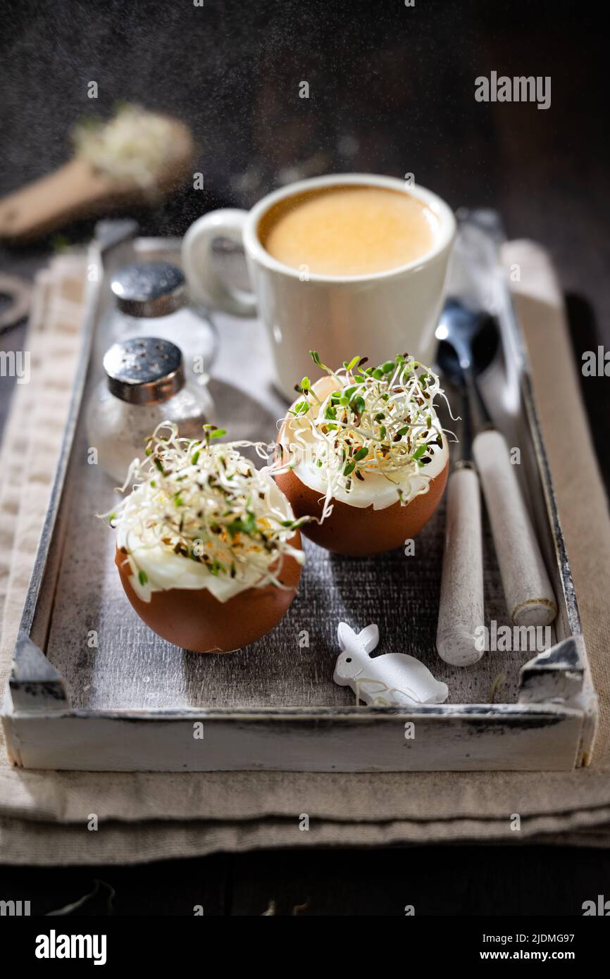 Delicious breakfast with coffee and eggs Stock Photo