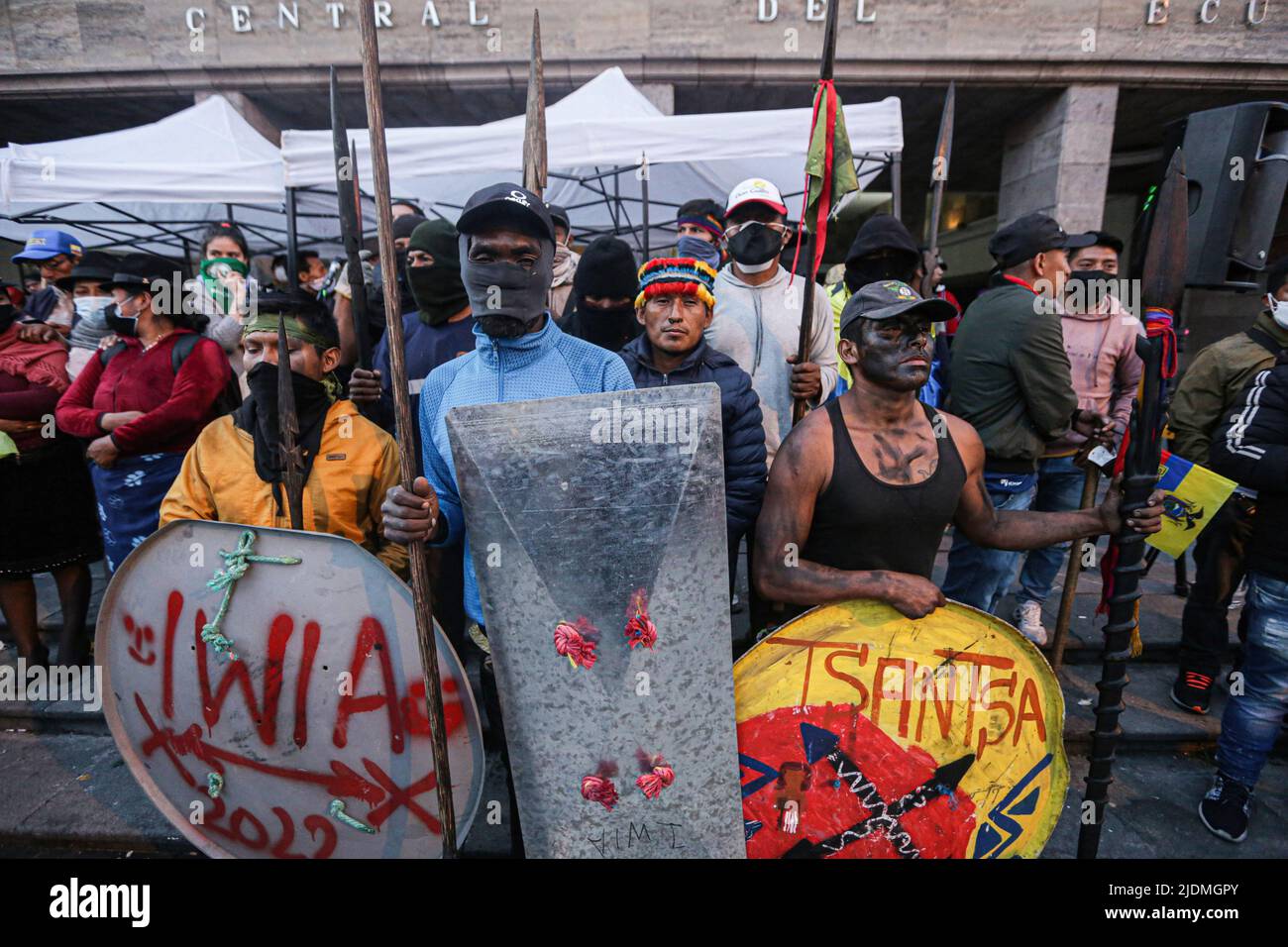 Quito, Ecuador. 21st June, 2022. Protesters hold handmade shields