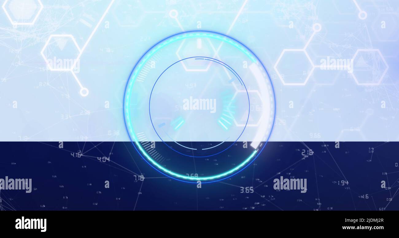 Image of light moving over processing circle on chemical formulas Stock Photo