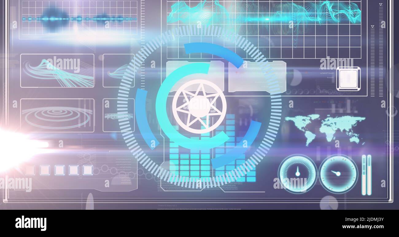 Image of processing circle moving over scientific graph and data Stock Photo