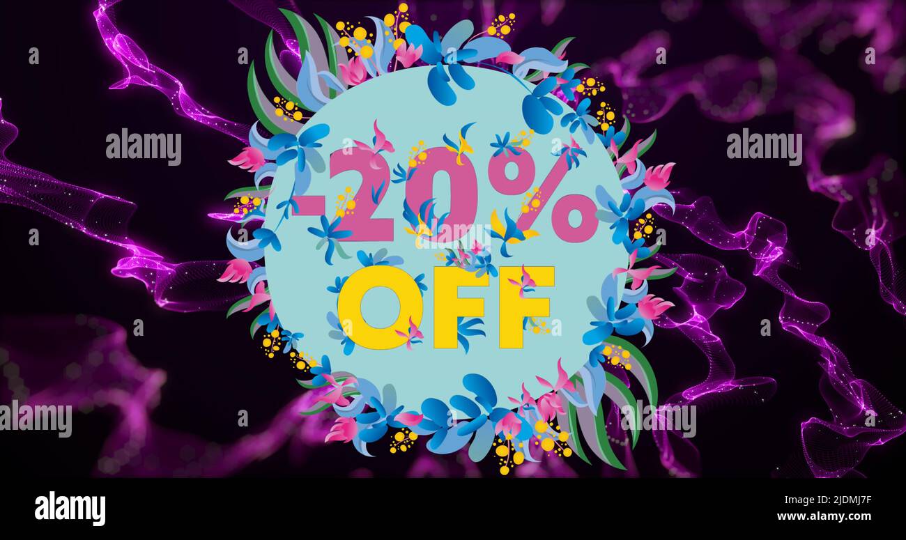 Image of 20 percent off in circle with flowers on black background Stock Photo